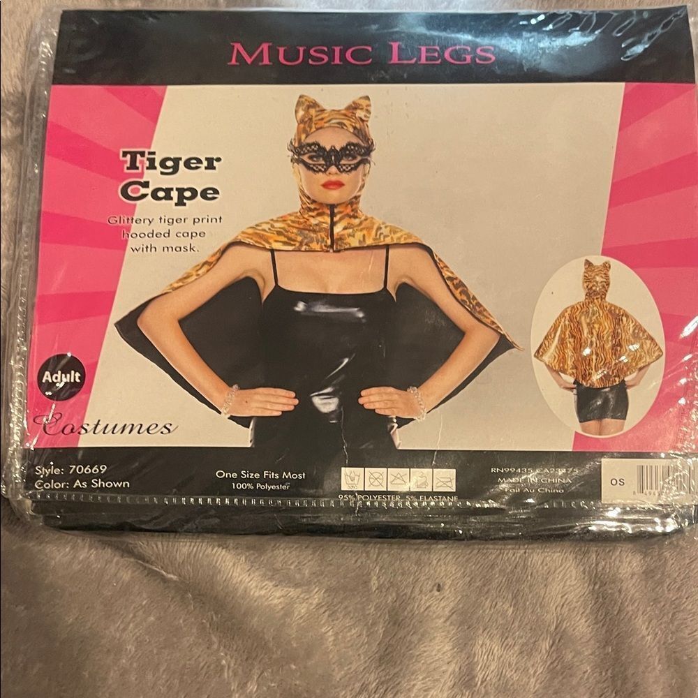 Music Legs Shimmering Tiger Print Cape with Mask - Gold NEW